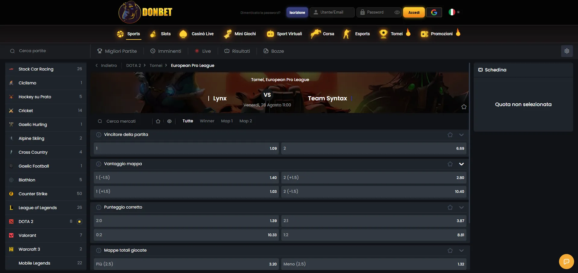 Mercati DOTA 2 su Donbet casino con le quote della European Pro League