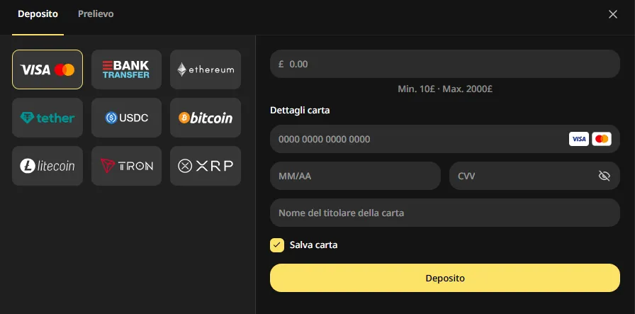 Cassa di Donbet casino con carta, bonifico e criptovalute