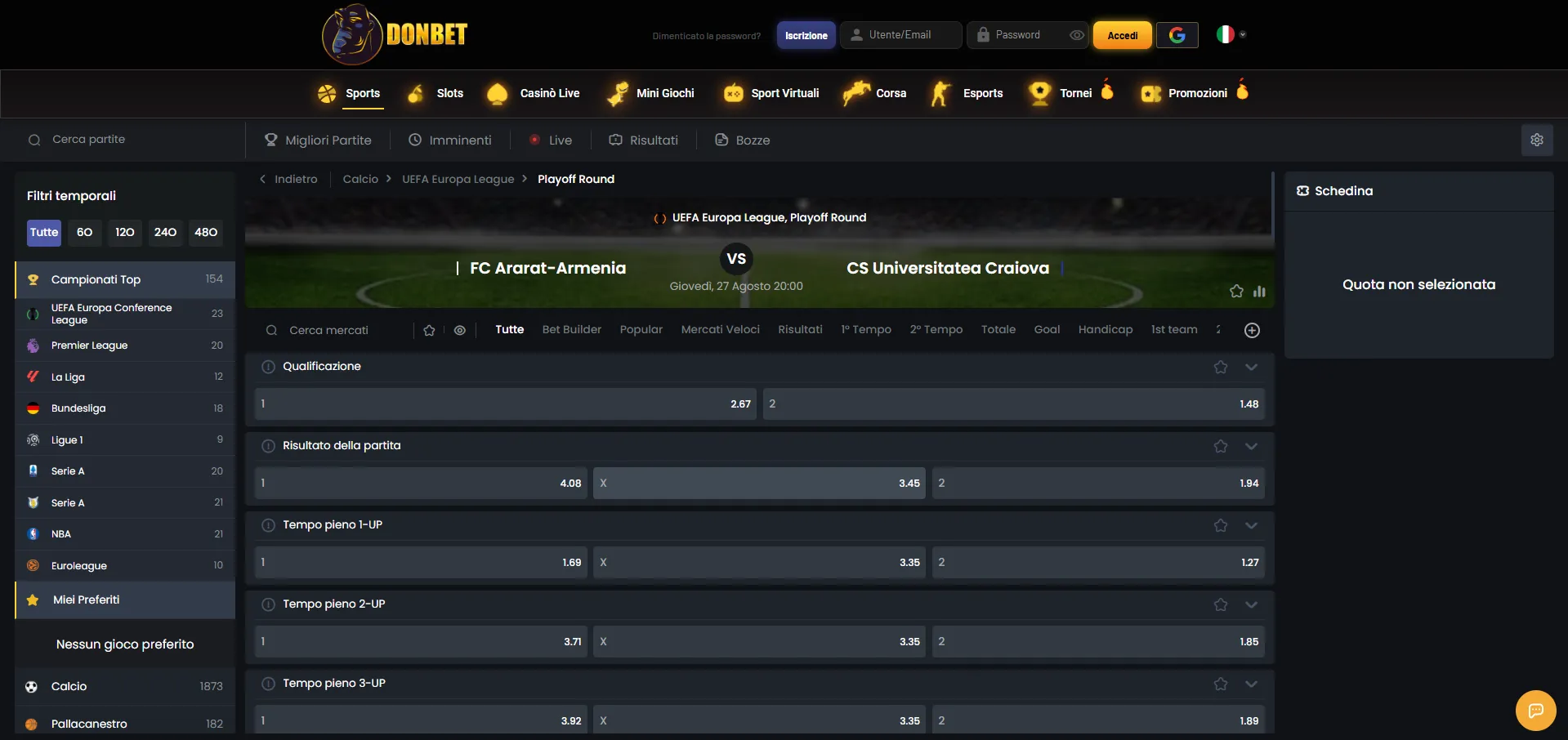 Calcio: mercati di Donbet casino
