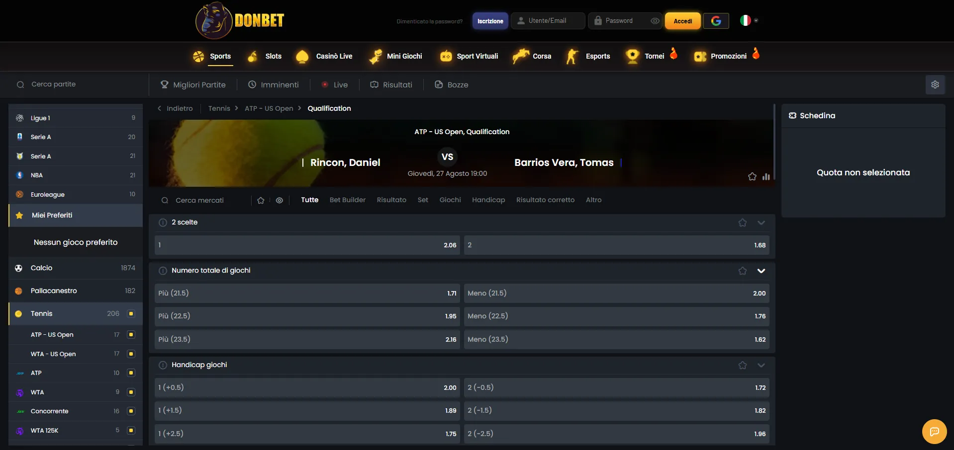Tennis: mercati di Donbet casino