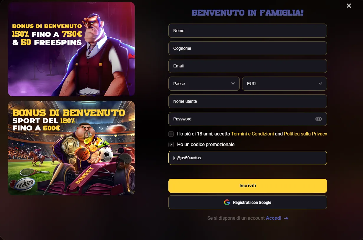 Modulo di registrazione Donbet casino con il codice promozionale ja@as50aa#as