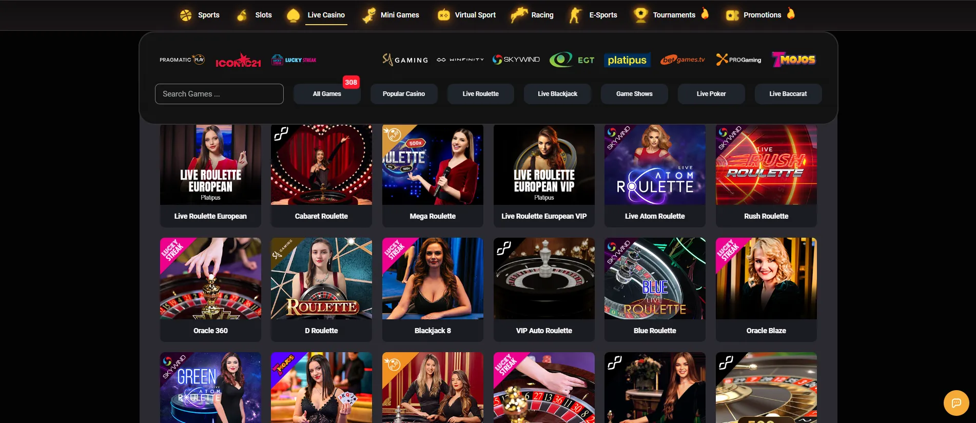 Lobby del casinò live di Donbet casino con roulette e blackjack