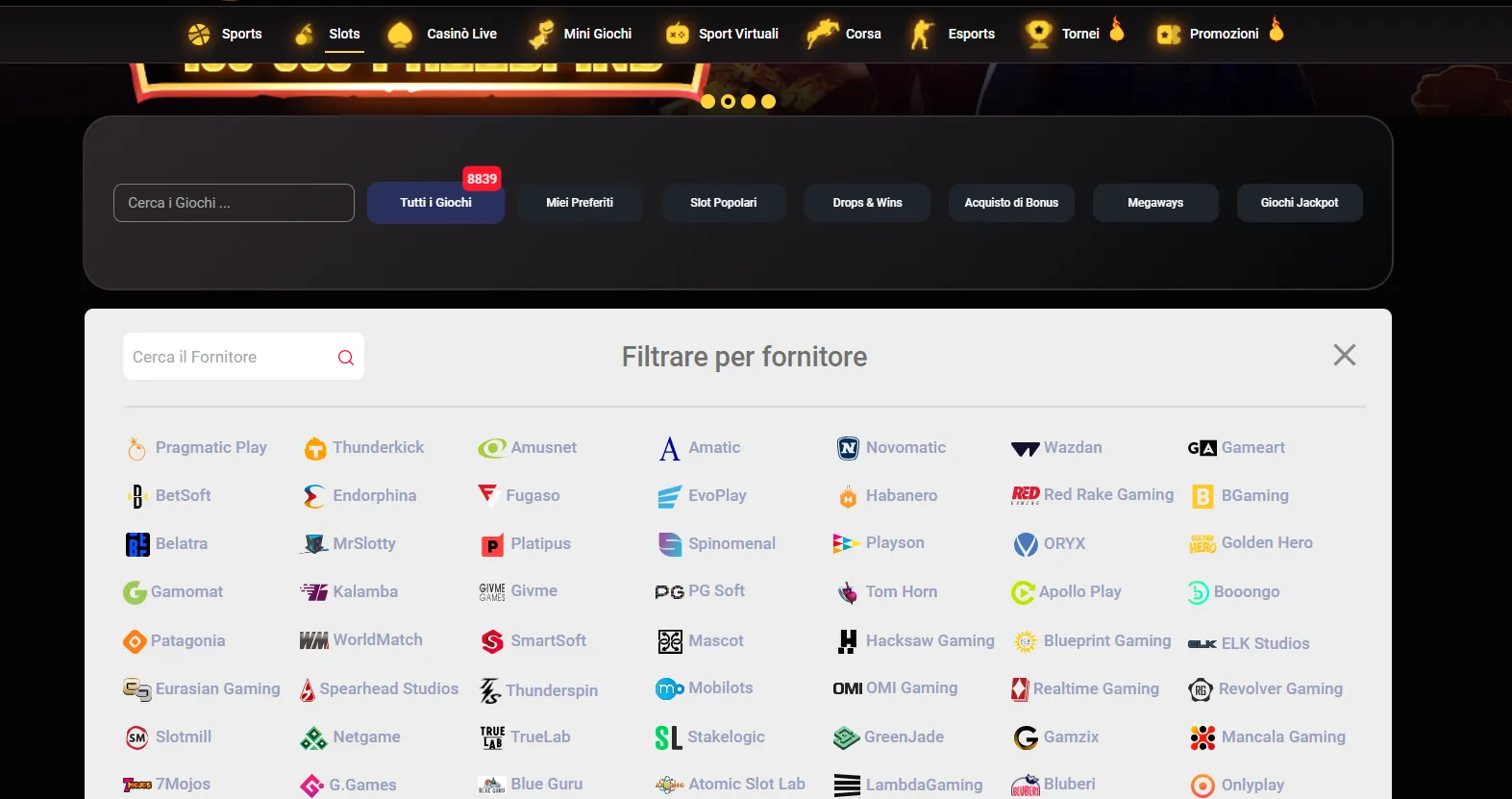 Filtro per fornitore nella lobby slot di Donbet casino