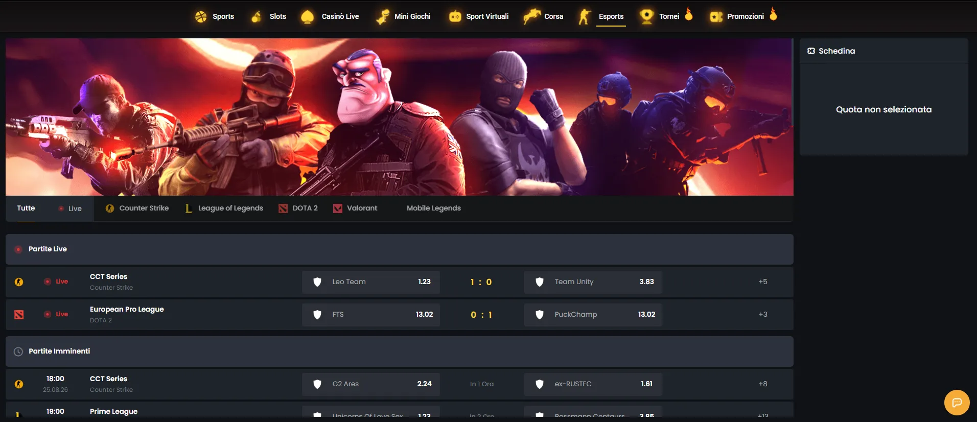 Sezione eSports di Donbet casino con partite live di Counter Strike e DOTA 2