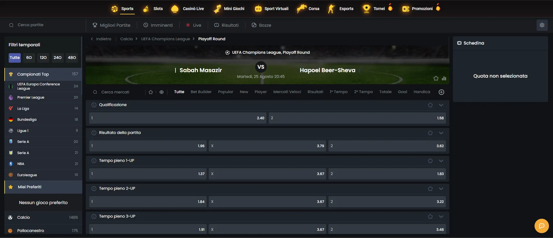 Palinsesto calcio di Donbet casino con i mercati della Champions League