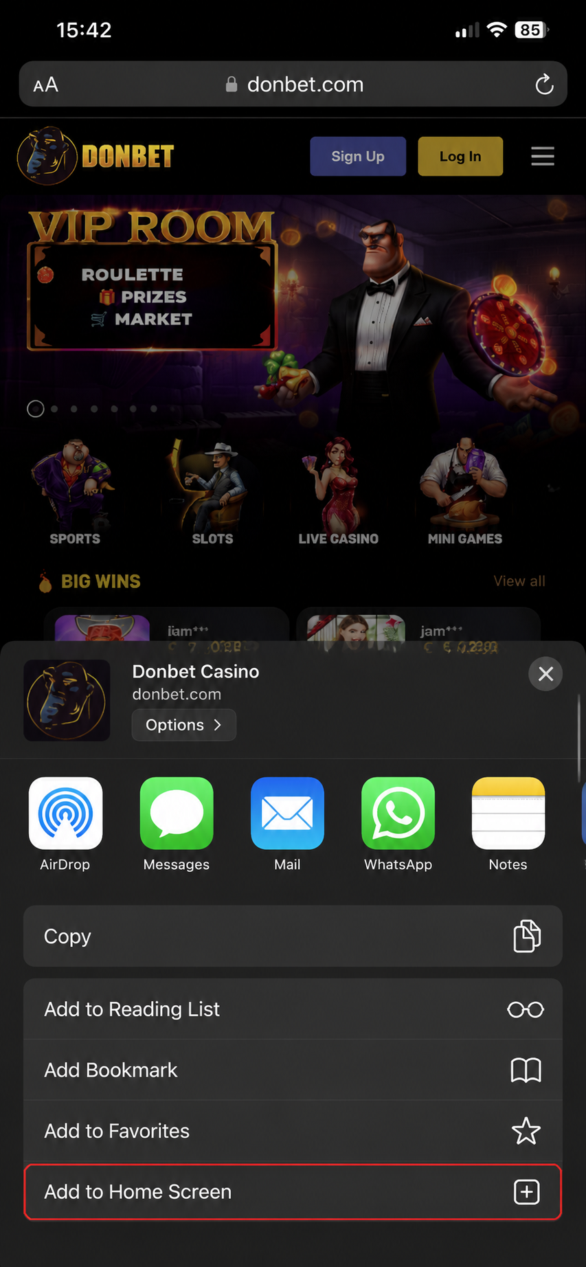 Sito mobile di Donbet casino aggiunto alla schermata Home su iPhone